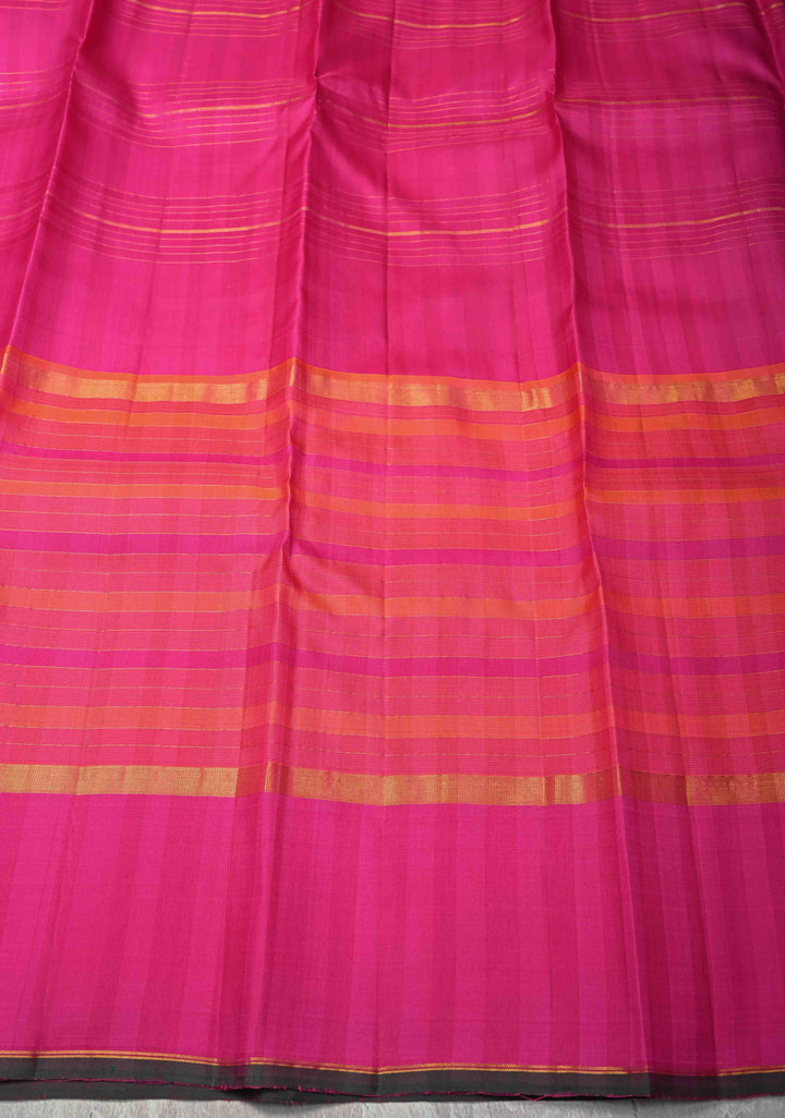 Heritage Kattam Multicolor Checks on Kanjivaram Silk Saree with Zari Buttas on Orange Pink Skirt Border | SILK MARK CERTIFIED