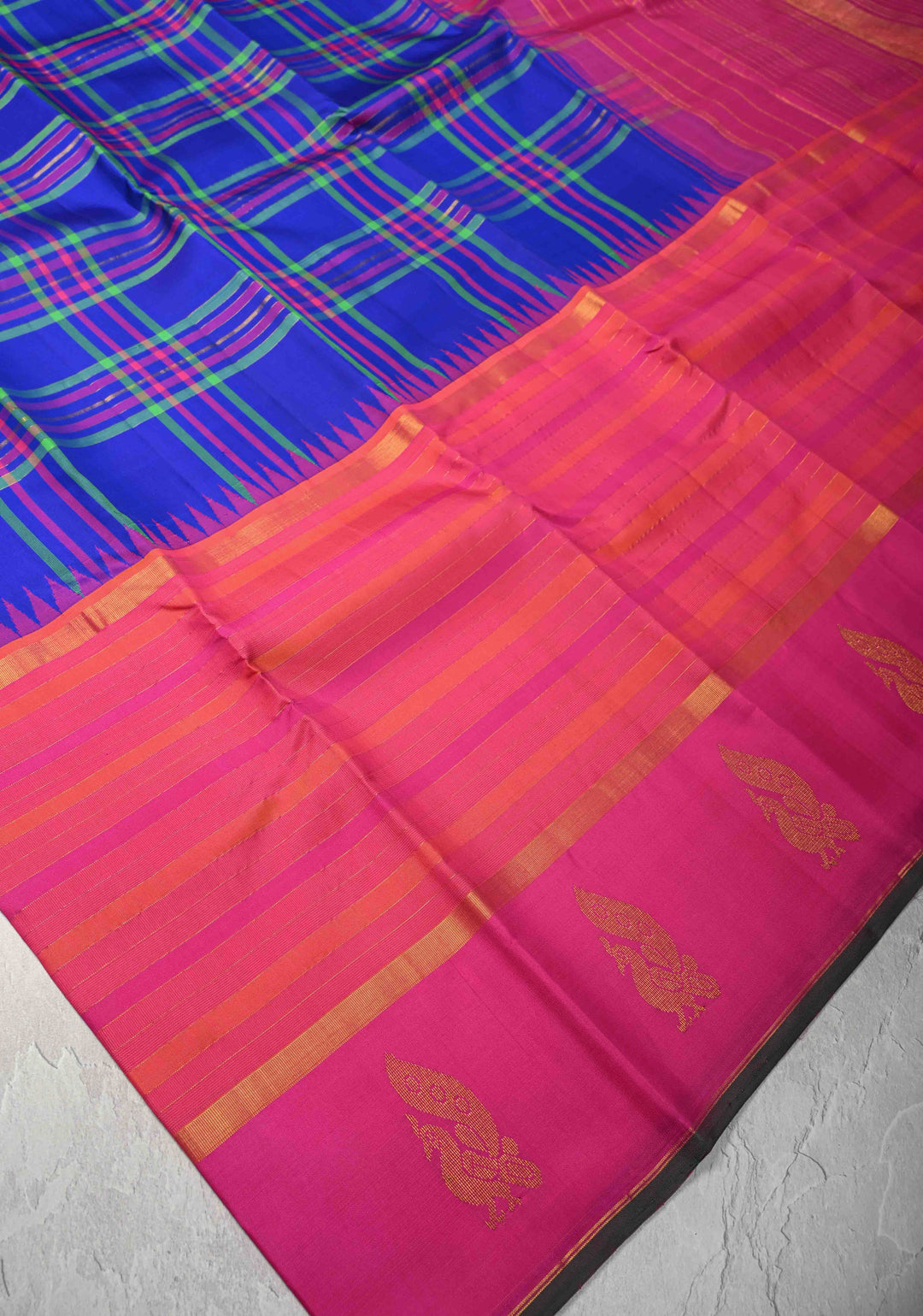 Heritage Kattam Multicolor Checks on Kanjivaram Silk Saree with Zari Buttas on Orange Pink Skirt Border | SILK MARK CERTIFIED
