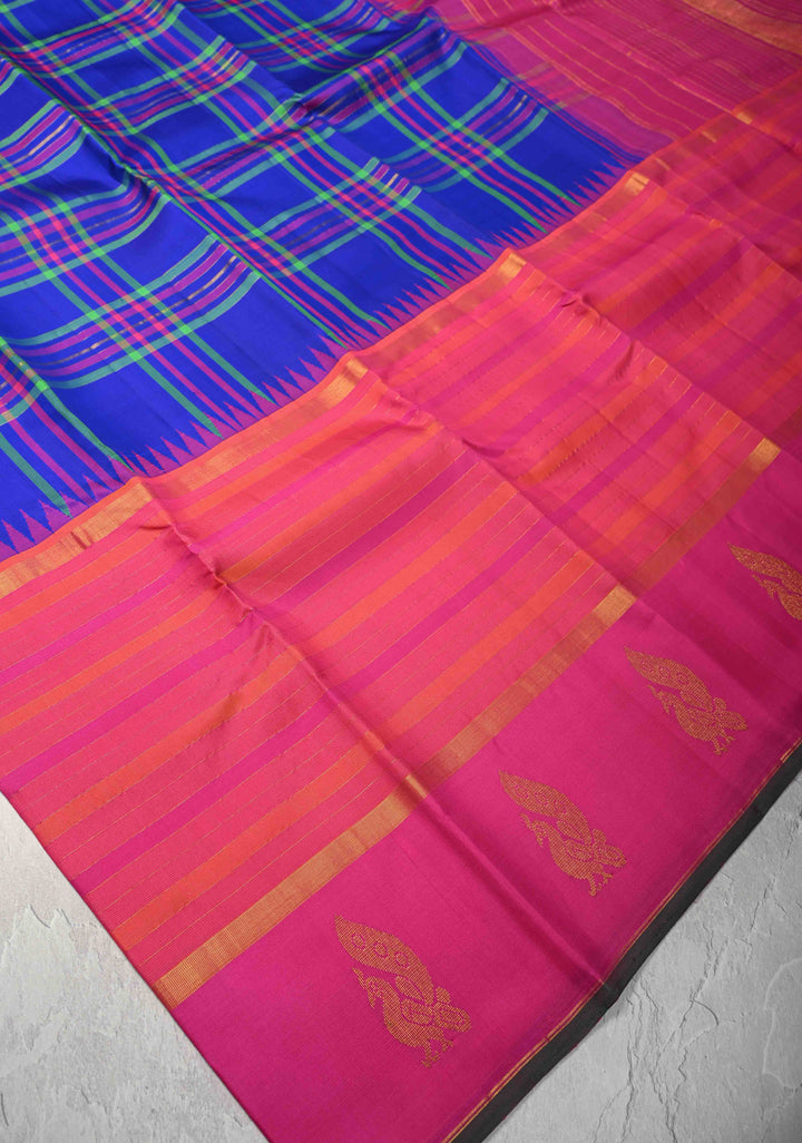Heritage Kattam Multicolor Checks on Kanjivaram Silk Saree with Zari Buttas on Orange Pink Skirt Border | SILK MARK CERTIFIED