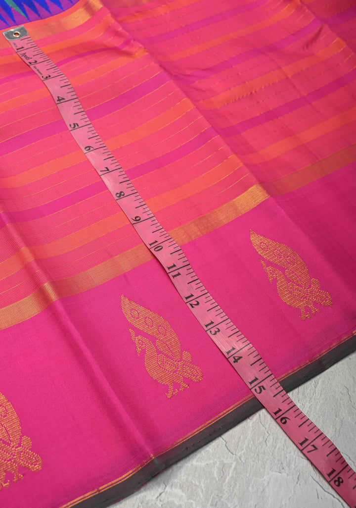 Heritage Kattam Multicolor Checks on Kanjivaram Silk Saree with Zari Buttas on Orange Pink Skirt Border | SILK MARK CERTIFIED