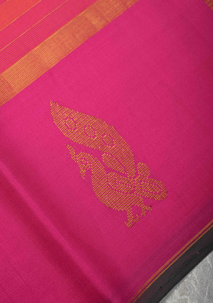 Heritage Kattam Multicolor Checks on Kanjivaram Silk Saree with Zari Buttas on Orange Pink Skirt Border | SILK MARK CERTIFIED