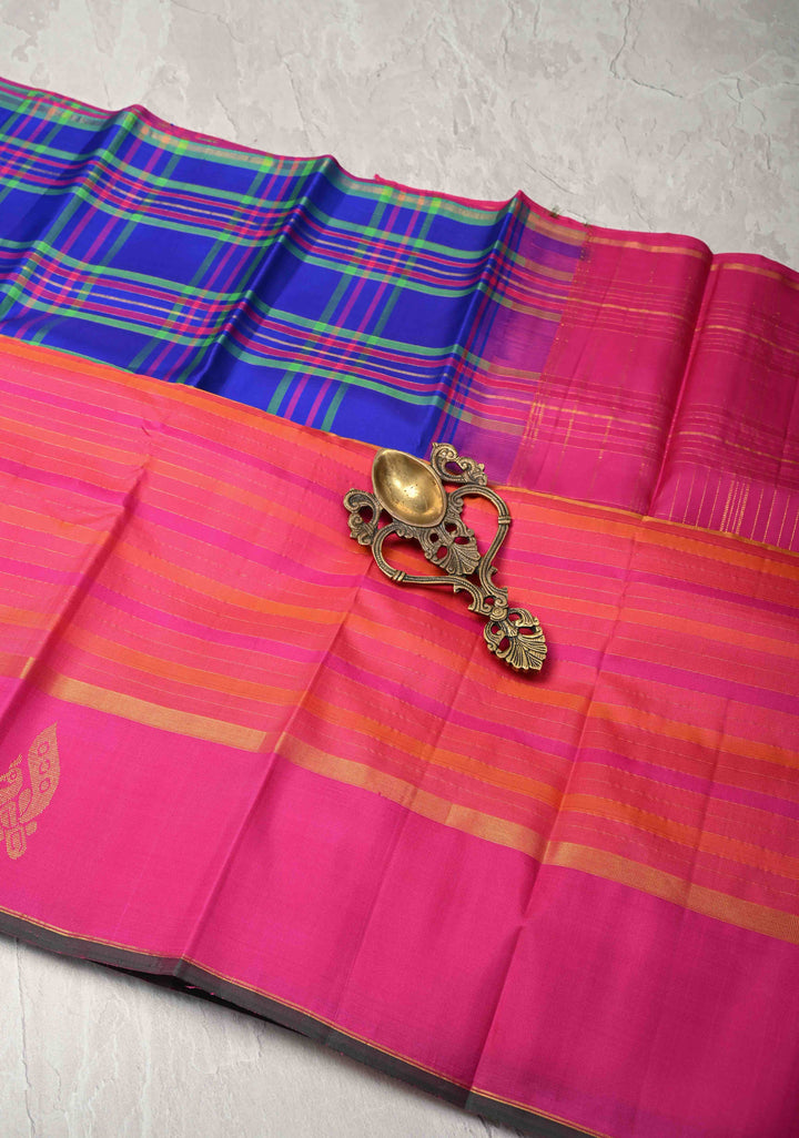 Heritage Kattam Multicolor Checks on Kanjivaram Silk Saree with Zari Buttas on Orange Pink Skirt Border | SILK MARK CERTIFIED