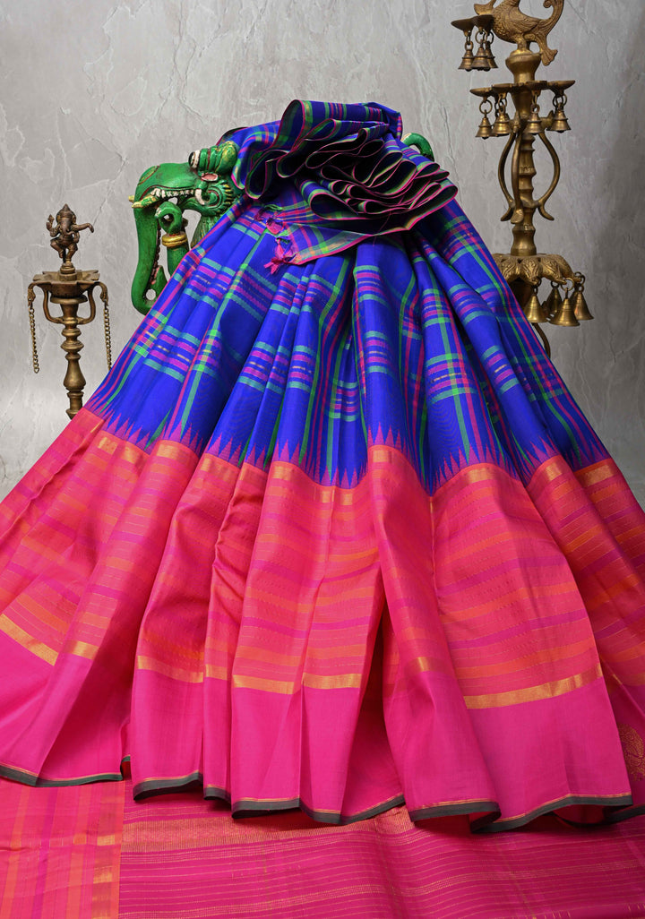 Heritage Kattam Multicolor Checks on Kanjivaram Silk Saree with Zari Buttas on Orange Pink Skirt Border | SILK MARK CERTIFIED