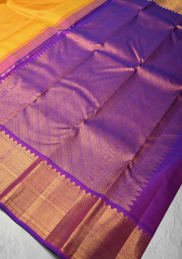 Mustard Yellow Korvai Weave Kanjivaram Pure Silk Saree with Zari Buttas and Contrast Zari Border | SILK MARK CERTIFIED
