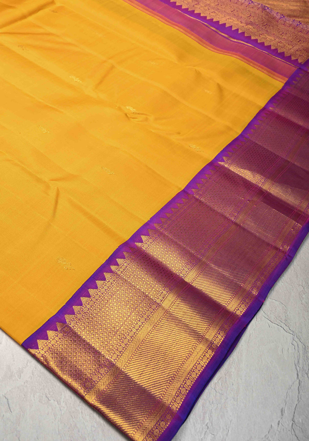 Mustard Yellow Korvai Weave Kanjivaram Pure Silk Saree with Zari Buttas and Contrast Zari Border | SILK MARK CERTIFIED