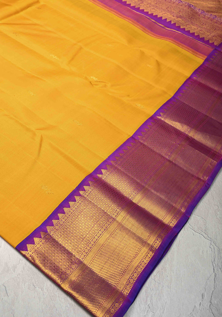 Mustard Yellow Korvai Weave Kanjivaram Pure Silk Saree with Zari Buttas and Contrast Zari Border | SILK MARK CERTIFIED