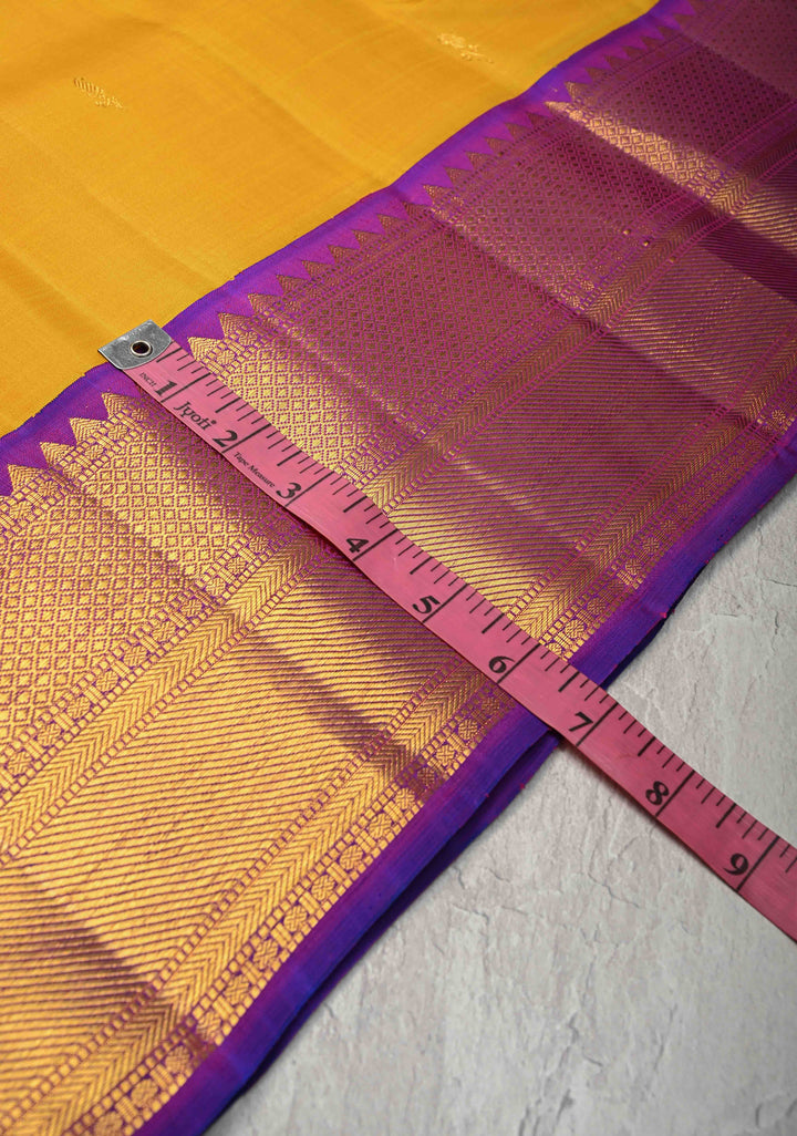 Mustard Yellow Korvai Weave Kanjivaram Pure Silk Saree with Zari Buttas and Contrast Zari Border | SILK MARK CERTIFIED