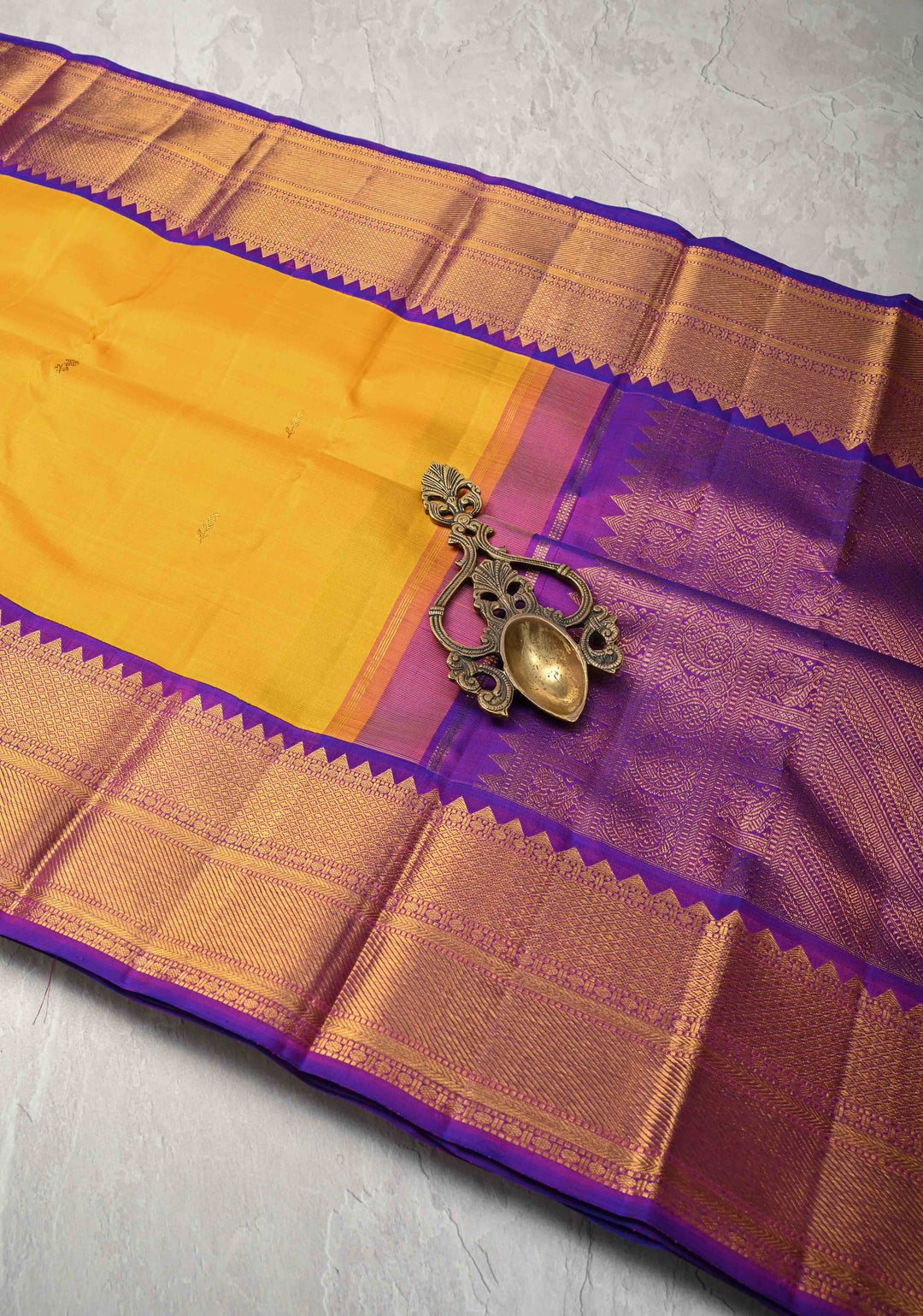 Mustard Yellow Korvai Weave Kanjivaram Pure Silk Saree with Zari Buttas and Contrast Zari Border | SILK MARK CERTIFIED