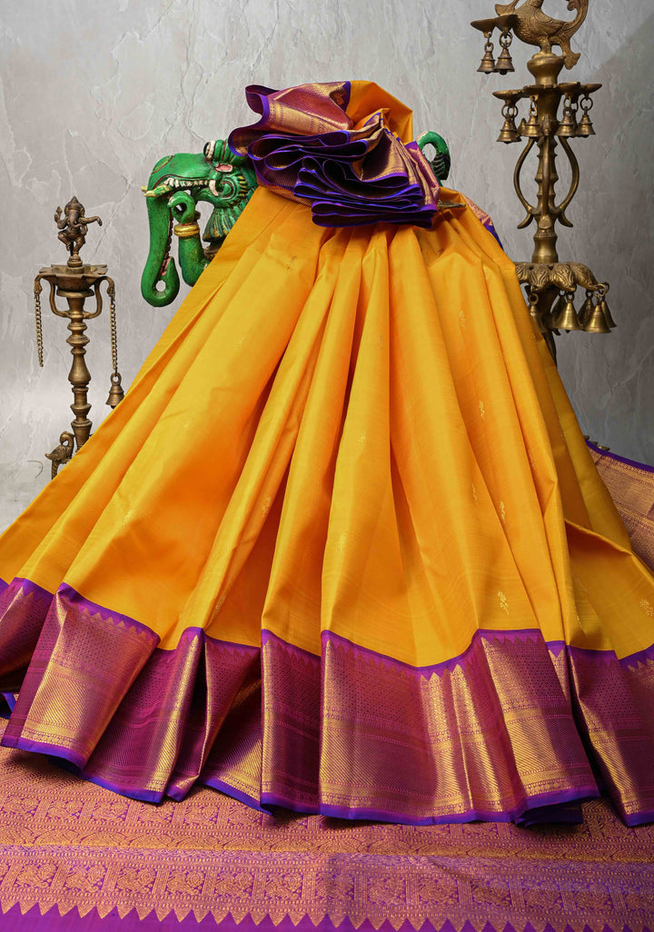 Mustard Yellow Korvai Weave Kanjivaram Pure Silk Saree with Zari Buttas and Contrast Zari Border | SILK MARK CERTIFIED