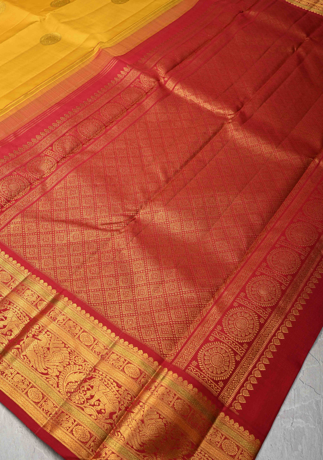 Haldi Yellow Korvai Weave Kanjivaram Pure Silk Saree with Gandaberunda Buttas and Contrast Zari Border | SILK MARK CERTIFIED
