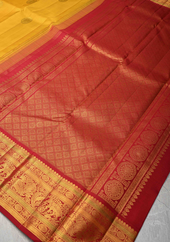 Haldi Yellow Korvai Weave Kanjivaram Pure Silk Saree with Gandaberunda Buttas and Contrast Zari Border | SILK MARK CERTIFIED