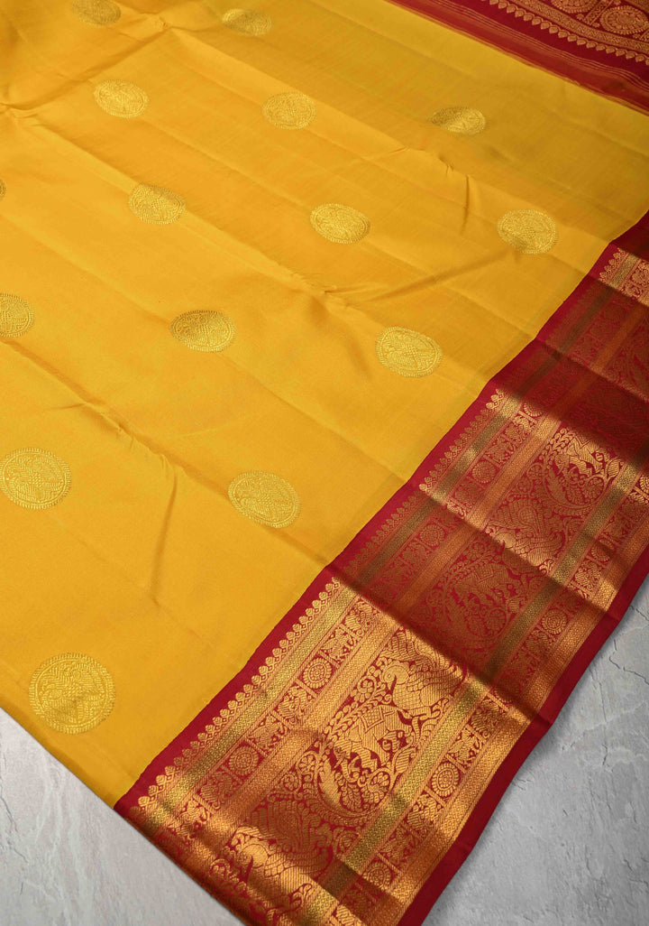 Haldi Yellow Korvai Weave Kanjivaram Pure Silk Saree with Gandaberunda Buttas and Contrast Zari Border | SILK MARK CERTIFIED