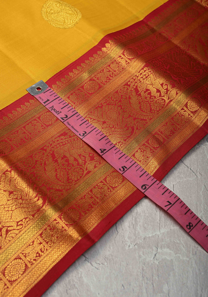Haldi Yellow Korvai Weave Kanjivaram Pure Silk Saree with Gandaberunda Buttas and Contrast Zari Border | SILK MARK CERTIFIED