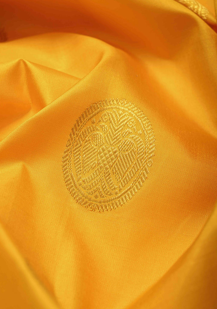 Haldi Yellow Korvai Weave Kanjivaram Pure Silk Saree with Gandaberunda Buttas and Contrast Zari Border | SILK MARK CERTIFIED