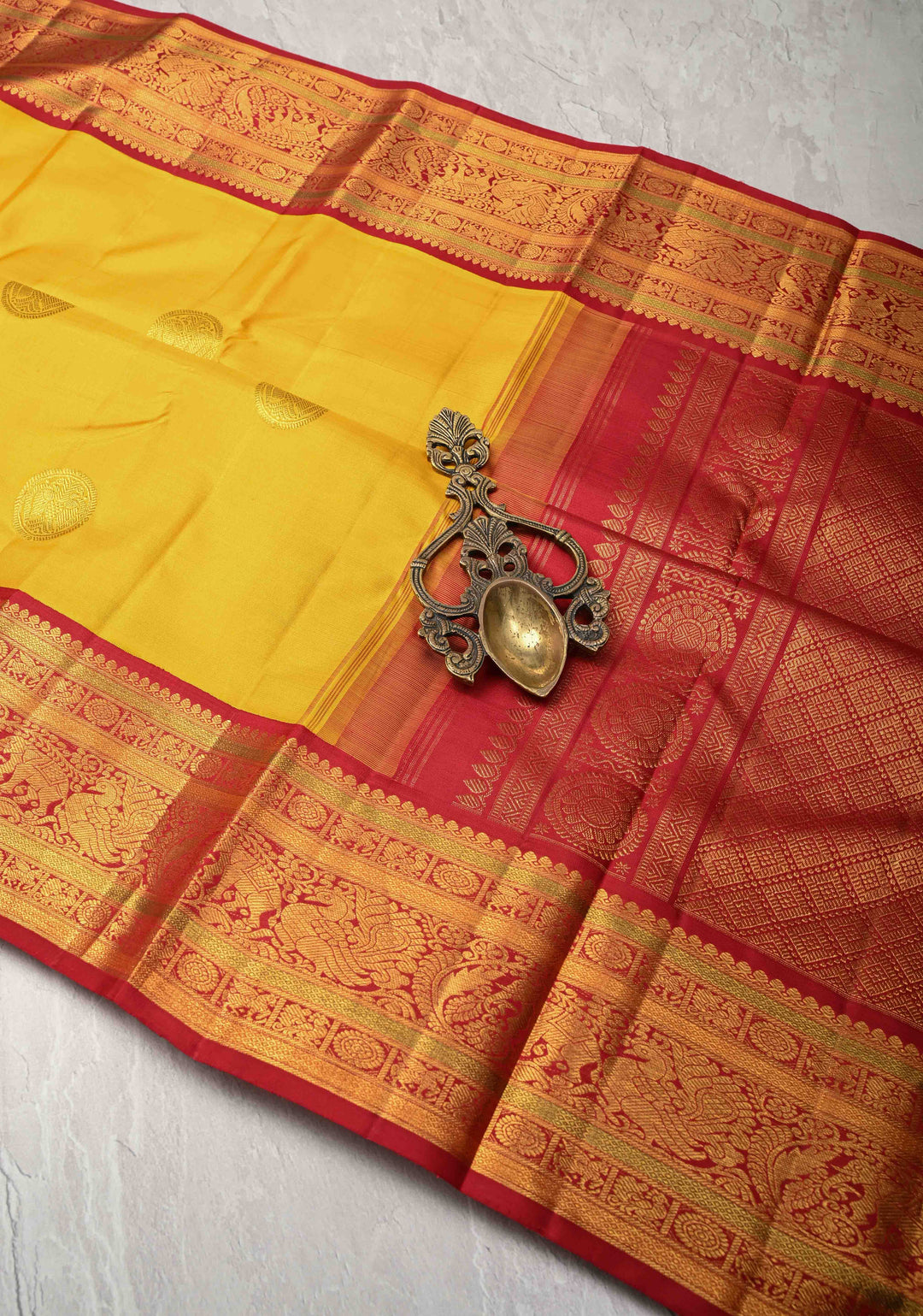 Haldi Yellow Korvai Weave Kanjivaram Pure Silk Saree with Gandaberunda Buttas and Contrast Zari Border | SILK MARK CERTIFIED