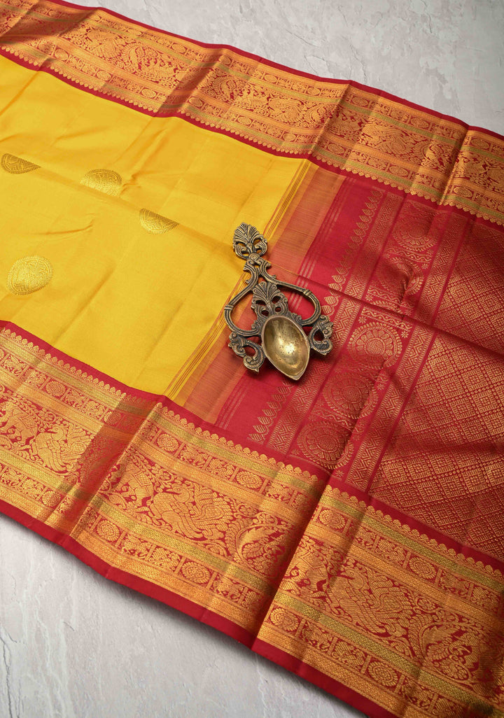 Haldi Yellow Korvai Weave Kanjivaram Pure Silk Saree with Gandaberunda Buttas and Contrast Zari Border | SILK MARK CERTIFIED