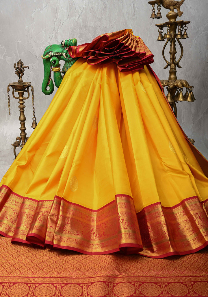 Haldi Yellow Korvai Weave Kanjivaram Pure Silk Saree with Gandaberunda Buttas and Contrast Zari Border | SILK MARK CERTIFIED