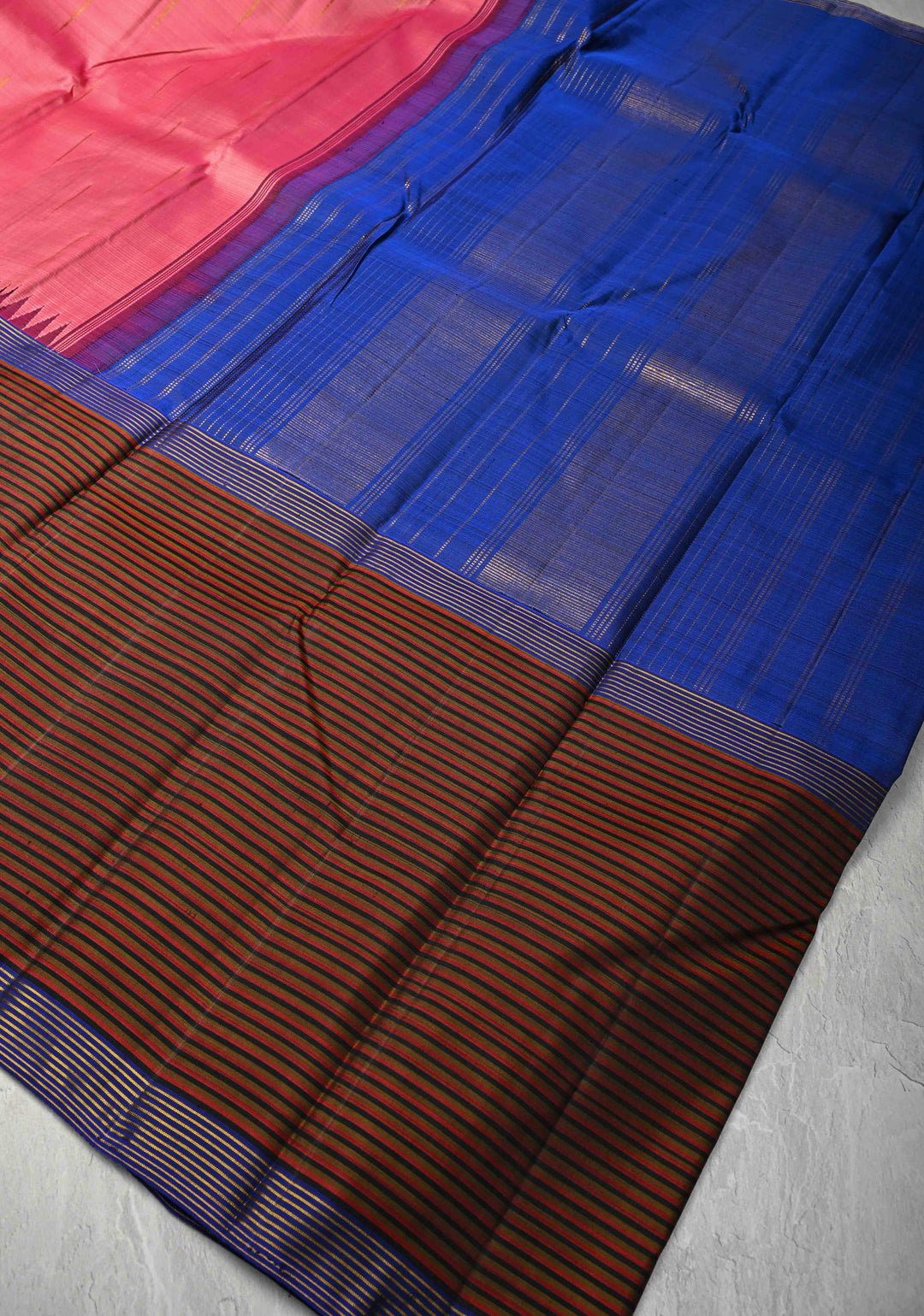 Rose Pink Kanjivaram Pure Silk Saree with Malli Mottu Motif and Multicolor Stripes Wide Border | SILK MARK CERTIFIED | SHOBITAM