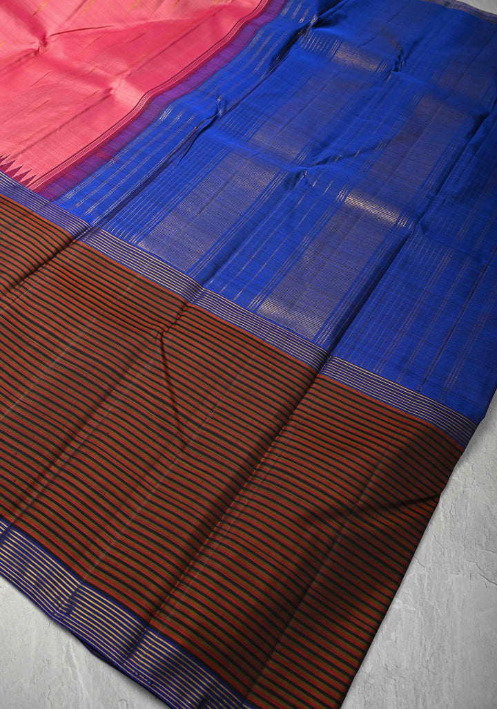 Rose Pink Kanjivaram Pure Silk Saree with Malli Mottu Motif and Multicolor Stripes Wide Border | SILK MARK CERTIFIED | SHOBITAM