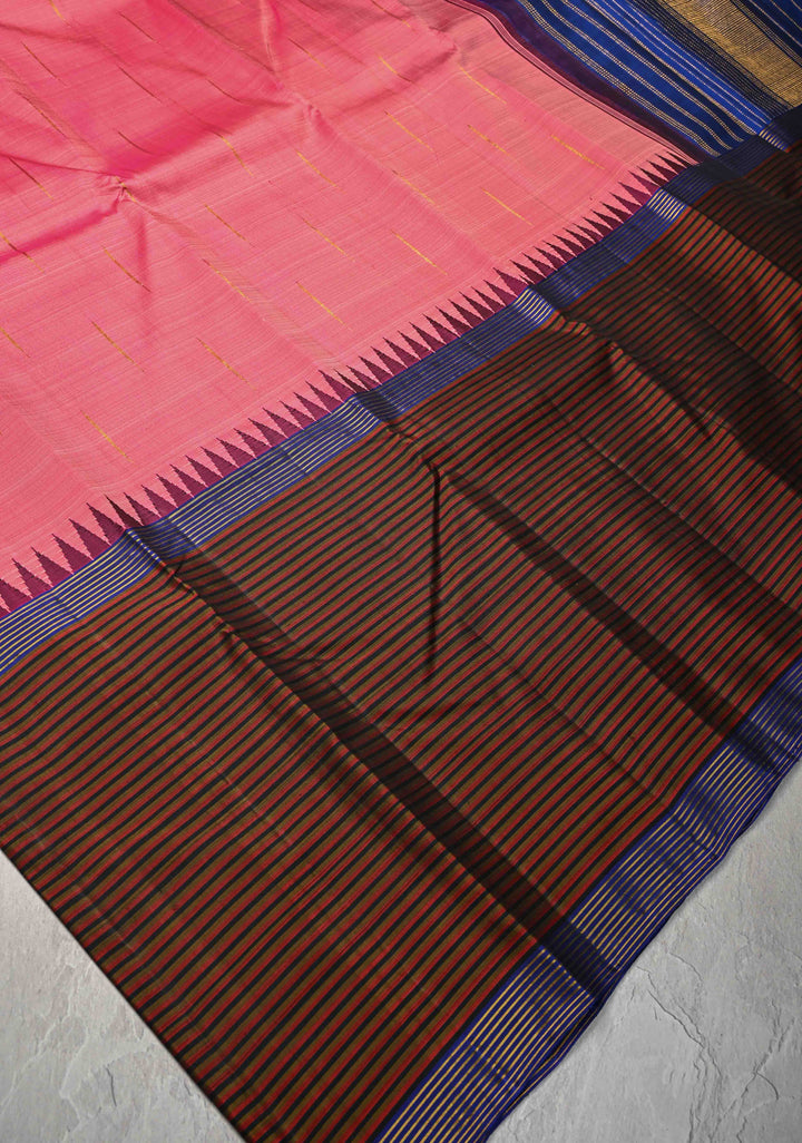 Rose Pink Kanjivaram Pure Silk Saree with Malli Mottu Motif and Multicolor Stripes Wide Border | SILK MARK CERTIFIED | SHOBITAM