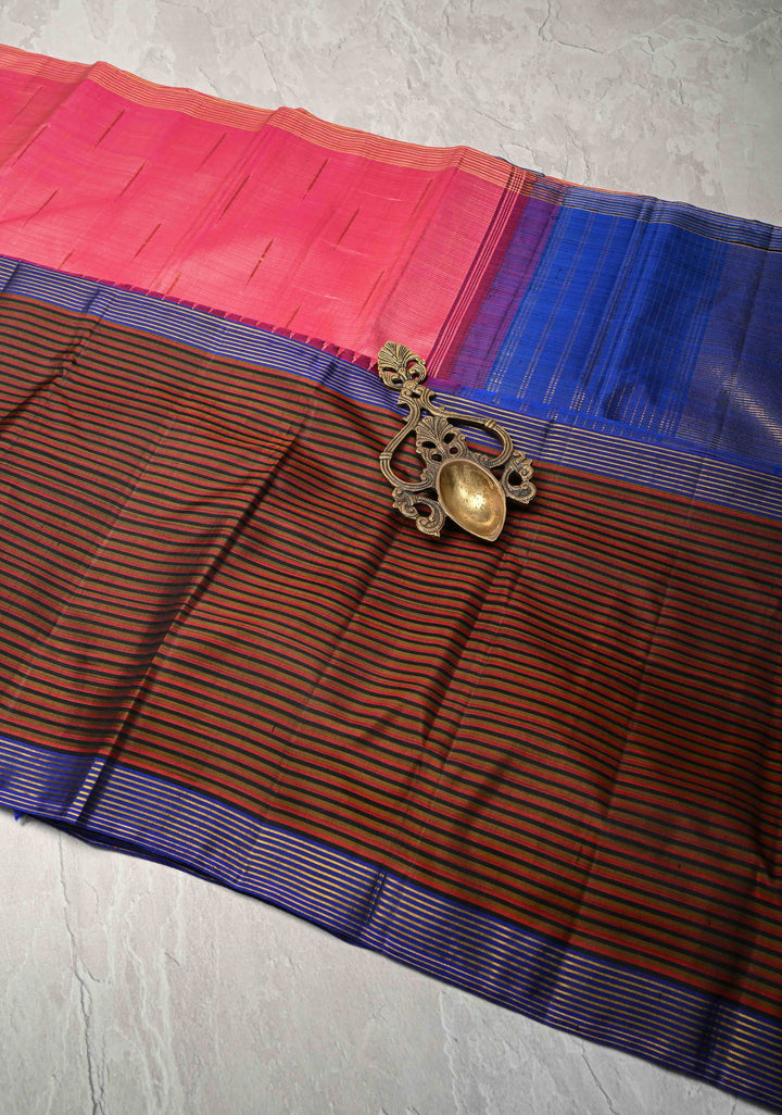 Rose Pink Kanjivaram Pure Silk Saree with Malli Mottu Motif and Multicolor Stripes Wide Border | SILK MARK CERTIFIED | SHOBITAM