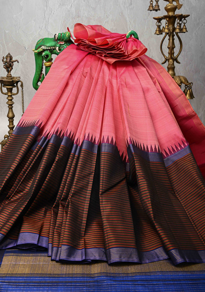 Rose Pink Kanjivaram Pure Silk Saree with Malli Mottu Motif and Multicolor Stripes Wide Border | SILK MARK CERTIFIED | SHOBITAM