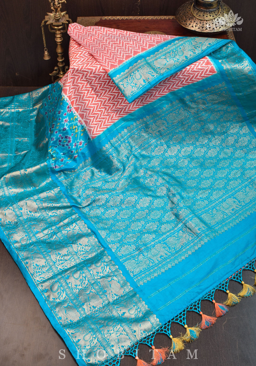Unique Ikkat Kanjivaram Fusion Silk Saree with wide zari borders and zari pallu | SILK MARK CERTIFIED