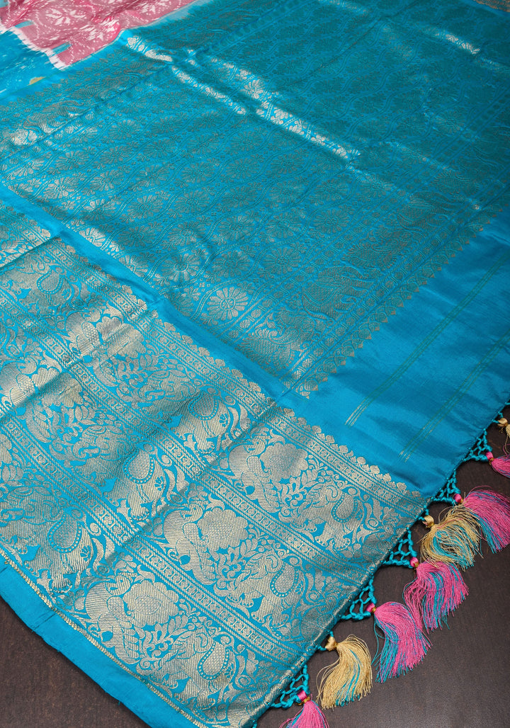 Ikkat Kanjivaram Fusion Silk Saree with wide zari borders and zari pallu | SILK MARK CERTIFIED