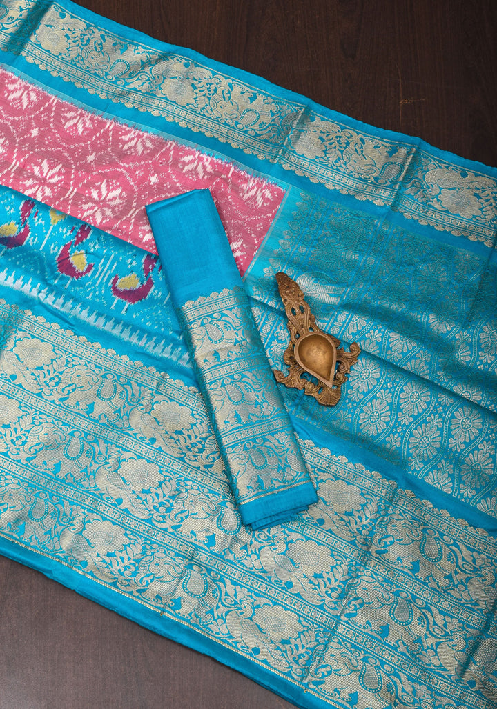 Ikkat Kanjivaram Fusion Silk Saree with wide zari borders and zari pallu | SILK MARK CERTIFIED