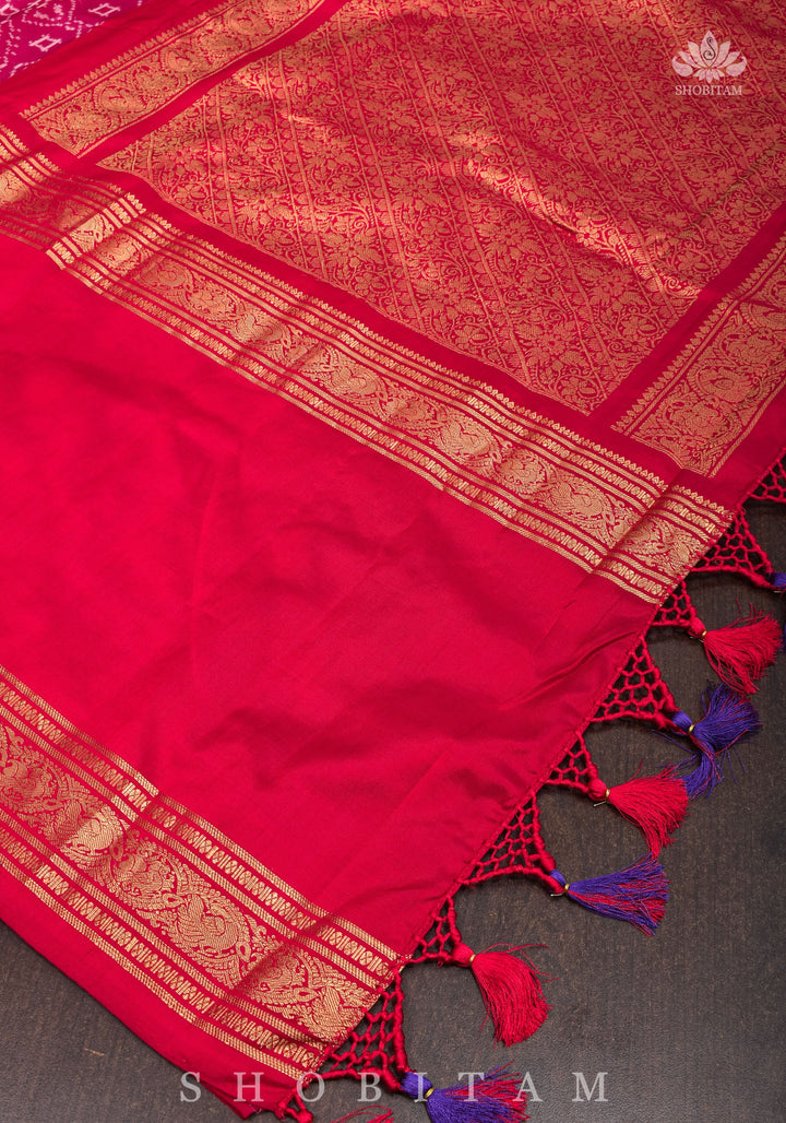 Unique Ikkat Patola  Kanjivaram Fusion Silk Saree with wide zari borders and zari pallu | SILK MARK CERTIFIED