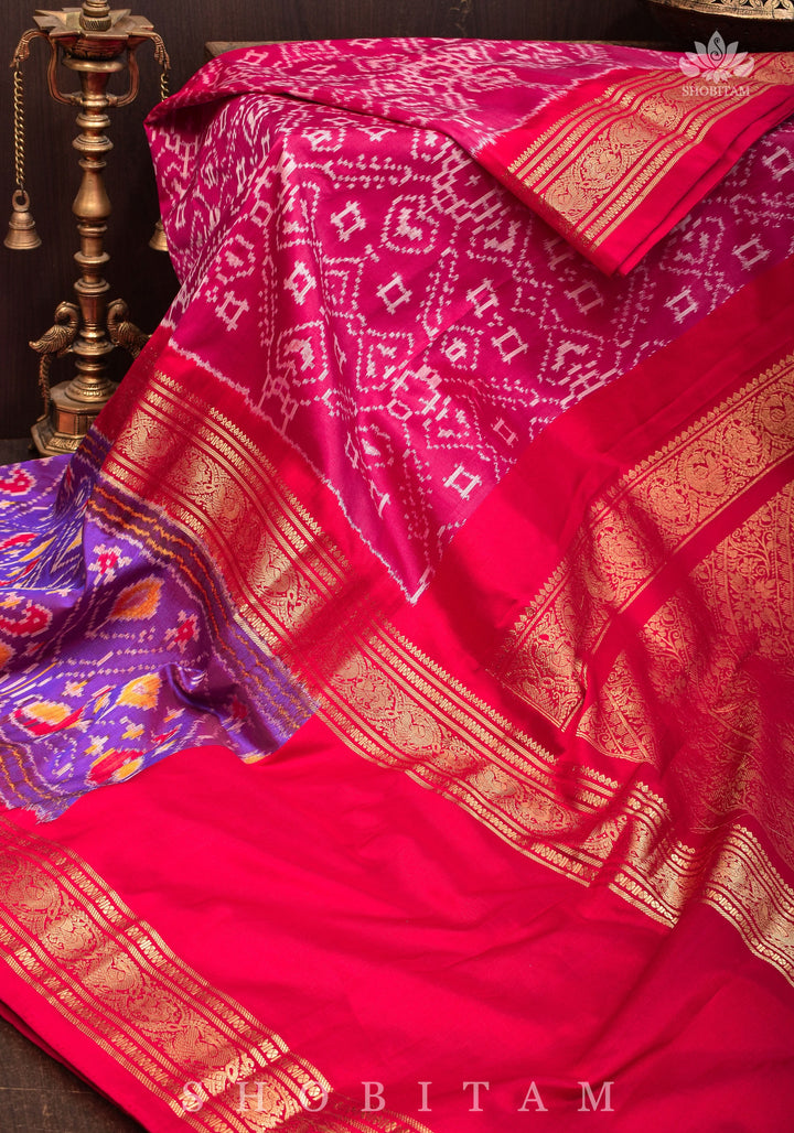 Unique Ikkat Patola  Kanjivaram Fusion Silk Saree with wide zari borders and zari pallu | SILK MARK CERTIFIED
