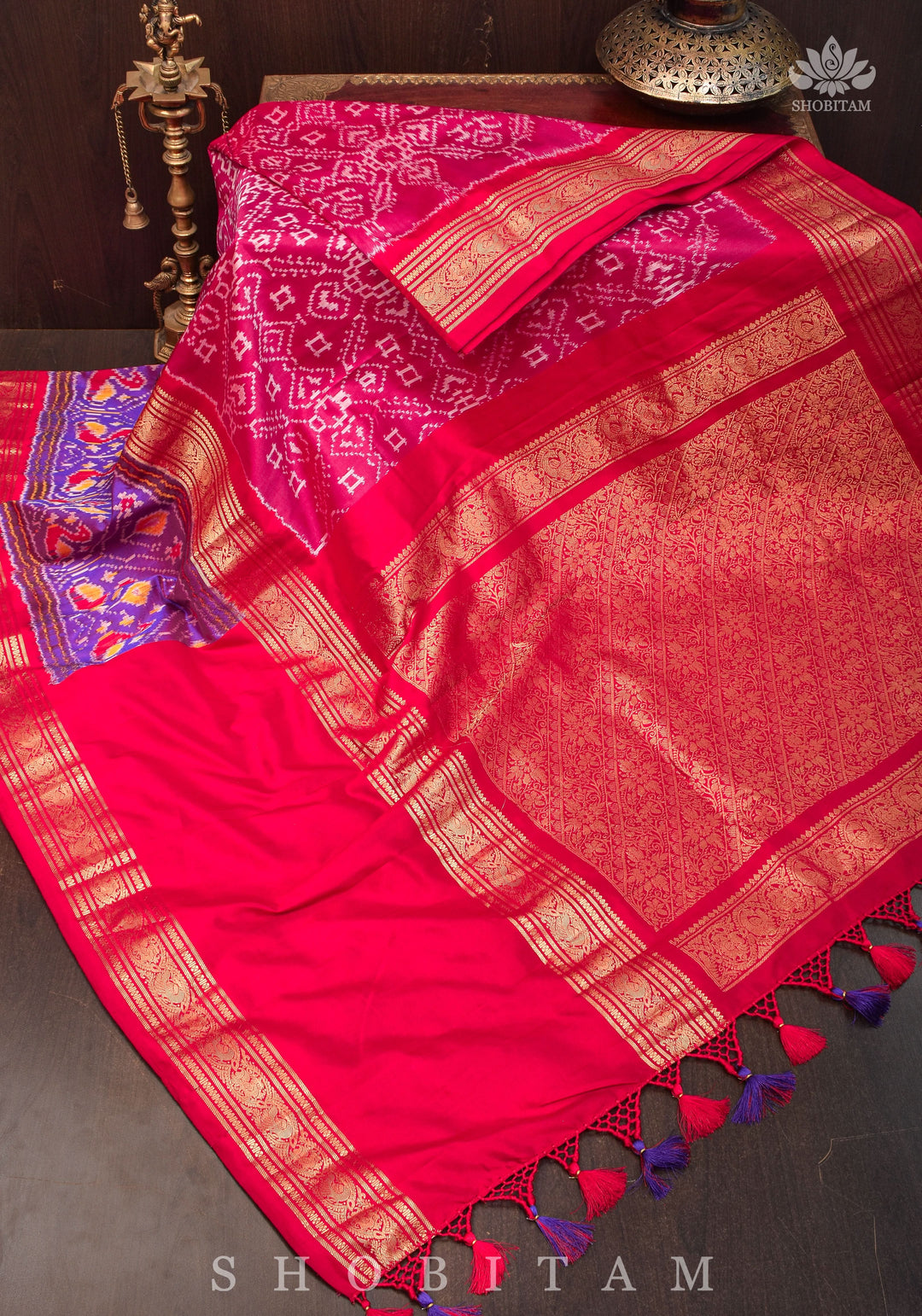 Unique Ikkat Patola  Kanjivaram Fusion Silk Saree with wide zari borders and zari pallu | SILK MARK CERTIFIED