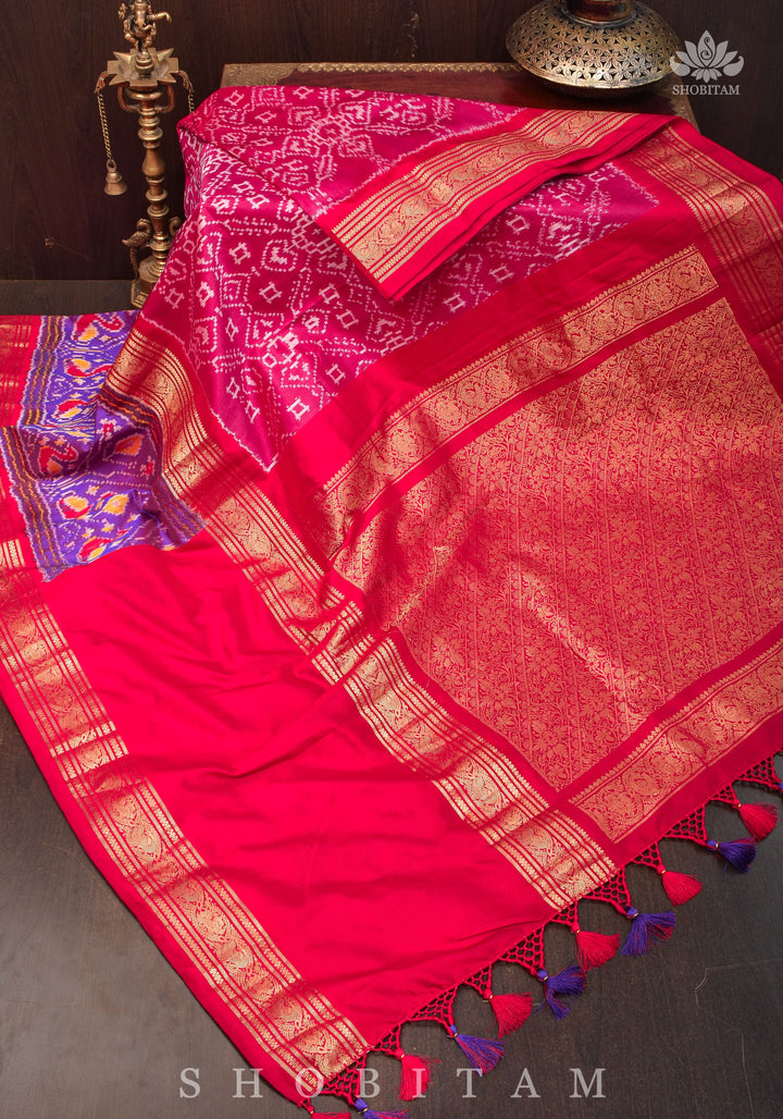 Unique Ikkat Patola  Kanjivaram Fusion Silk Saree with wide zari borders and zari pallu | SILK MARK CERTIFIED