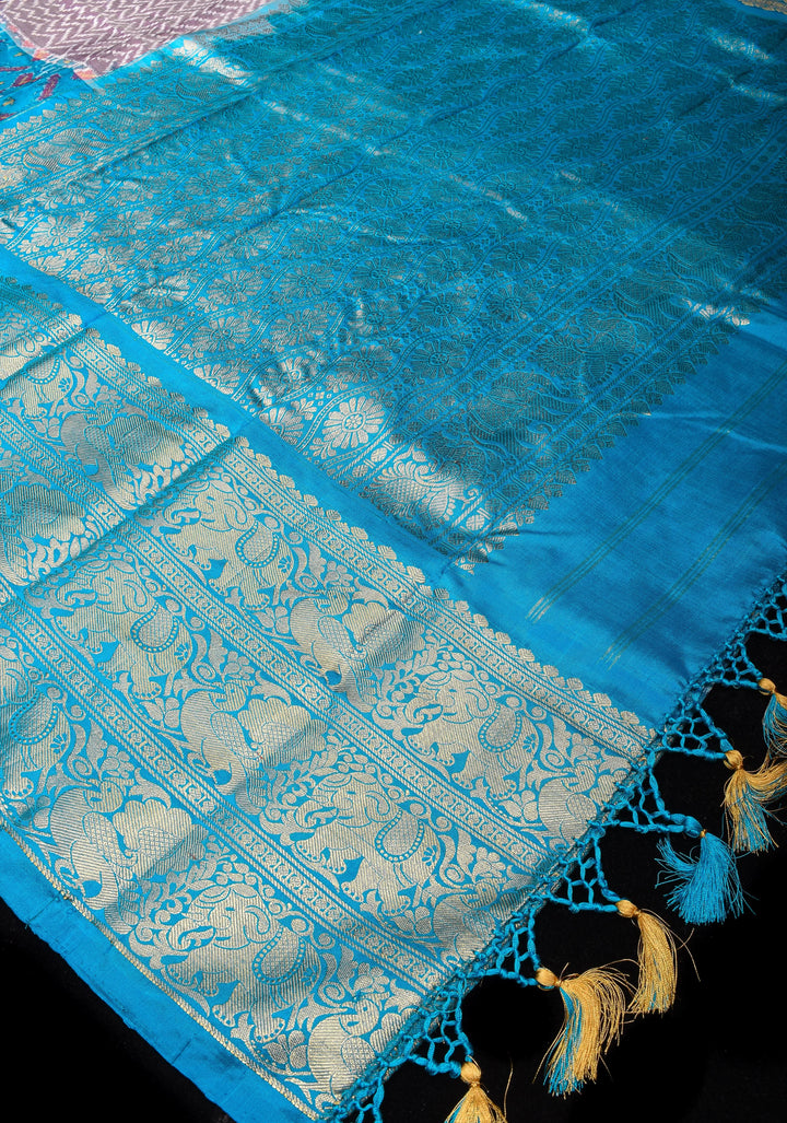 Ikkat Kanjivaram Fusion Silk Saree with zari borders and ikkat panel | SILK MARK CERTIFIED