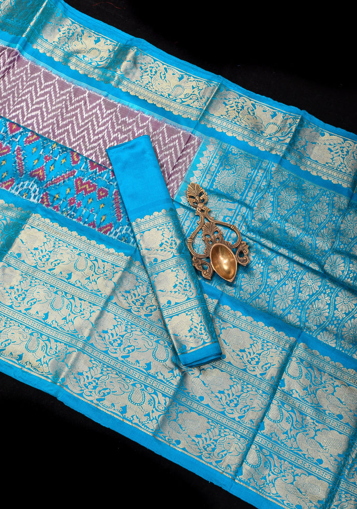 Ikkat Kanjivaram Fusion Silk Saree with zari borders and ikkat panel | SILK MARK CERTIFIED
