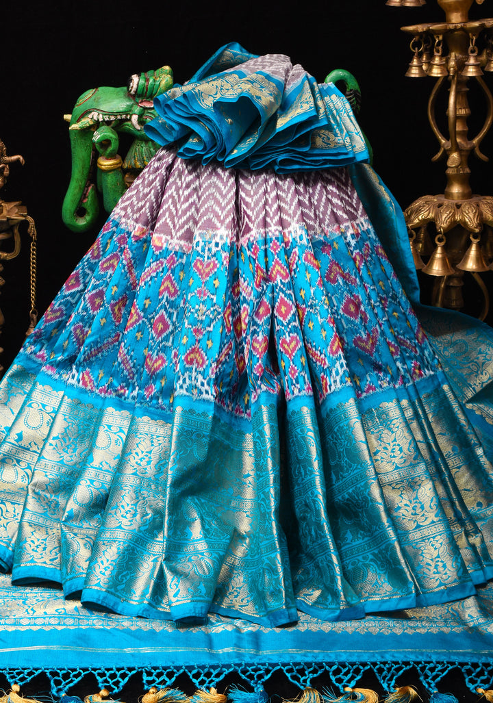 Ikkat Kanjivaram Fusion Silk Saree with zari borders and ikkat panel | SILK MARK CERTIFIED