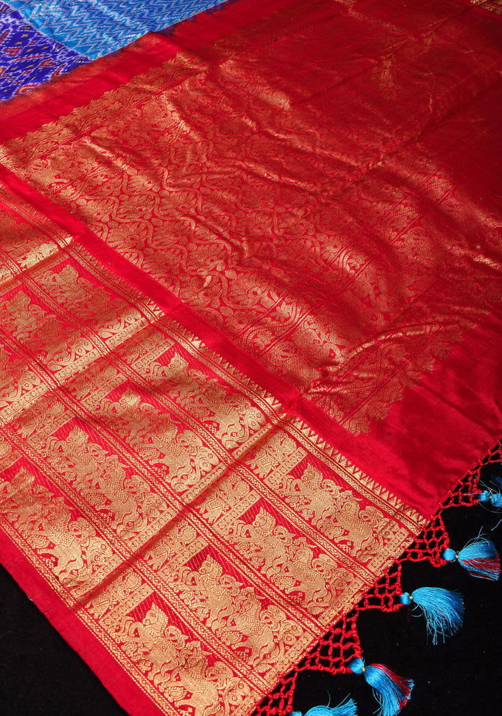 Blue Ikkat Patola  Kanjivaram Fusion Silk Saree Blue with wide zari border |SILK MARK CERTIFIED