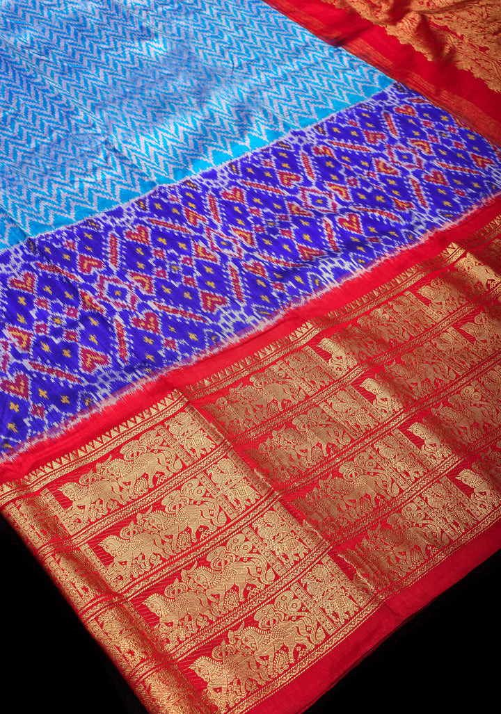 Blue Ikkat Patola  Kanjivaram Fusion Silk Saree Blue with wide zari border |SILK MARK CERTIFIED