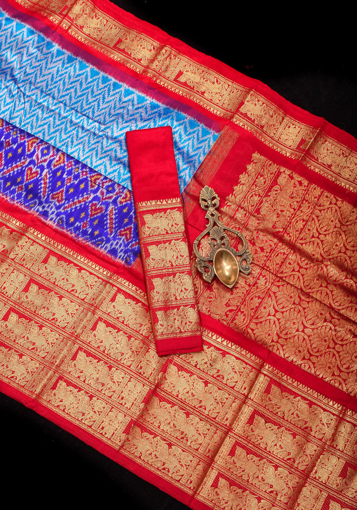 Blue Ikkat Patola  Kanjivaram Fusion Silk Saree Blue with wide zari border |SILK MARK CERTIFIED