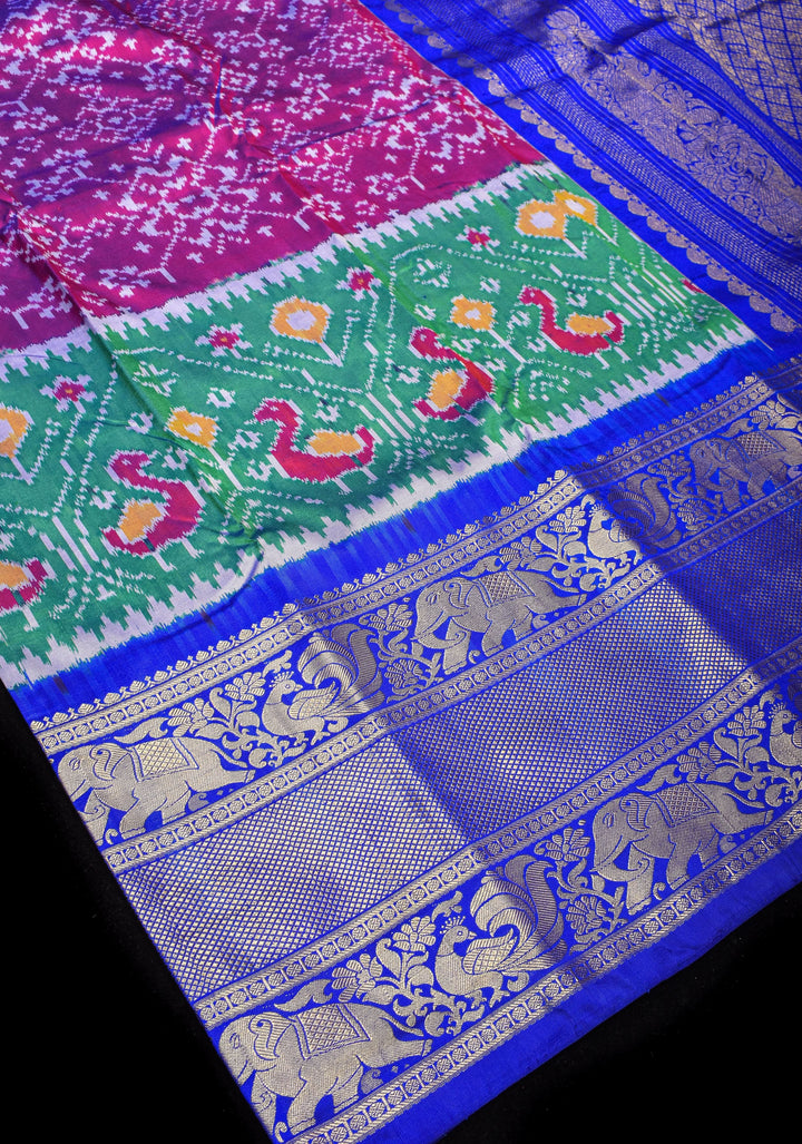 3 Color  Ikkat Patola Kanjivaram Fusion Silk Saree with Panel design and zari border |SILK MARK CERTIFIED