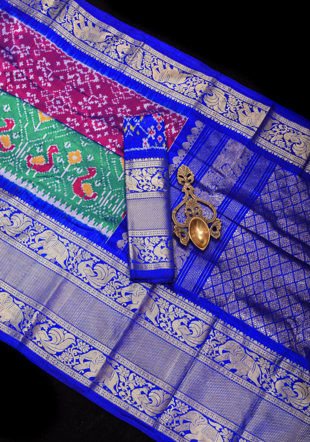 3 Color  Ikkat Patola Kanjivaram Fusion Silk Saree with Panel design and zari border |SILK MARK CERTIFIED