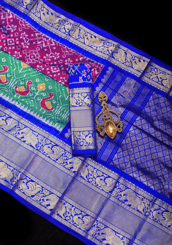 3 Color  Ikkat Patola Kanjivaram Fusion Silk Saree with Panel design and zari border |SILK MARK CERTIFIED