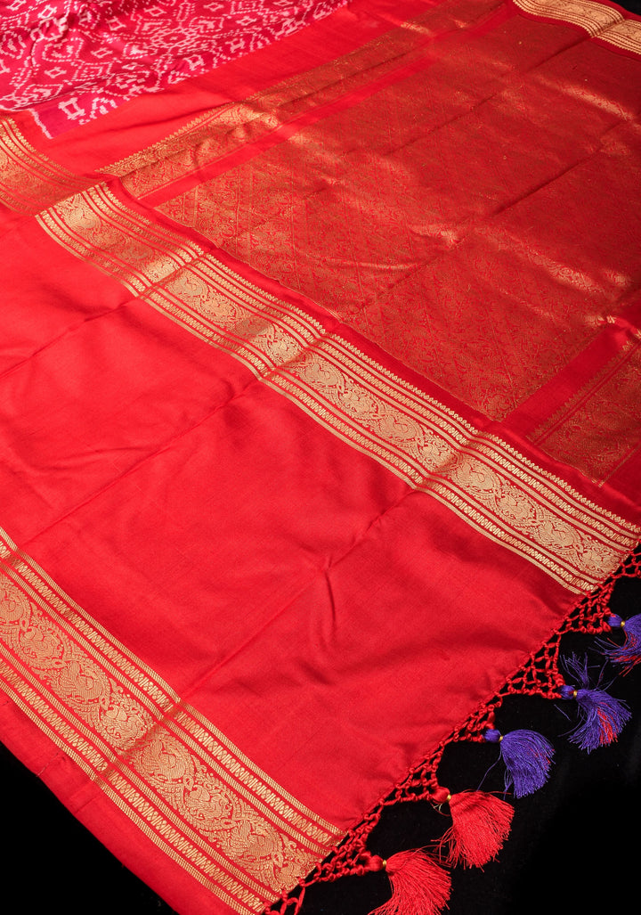 Reddish Pink Ikkat Patola Kanjivaram Fusion Silk Saree with Rettaipet Border |SILK MARK CERTIFIED