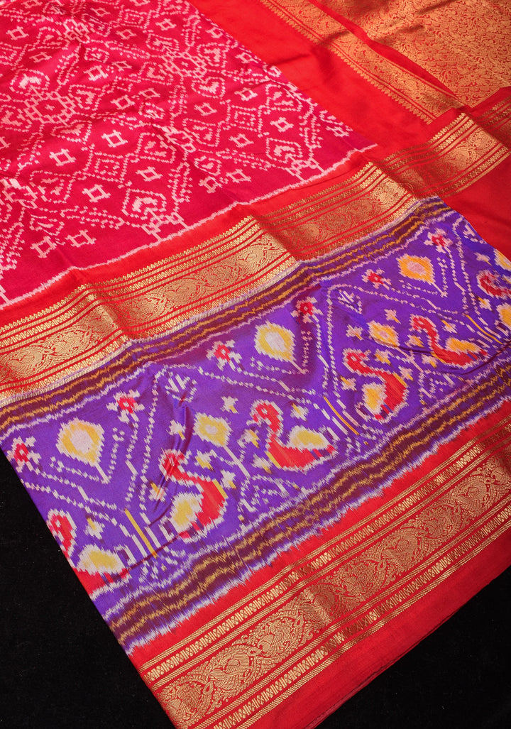 Reddish Pink Ikkat Patola Kanjivaram Fusion Silk Saree with Rettaipet Border |SILK MARK CERTIFIED