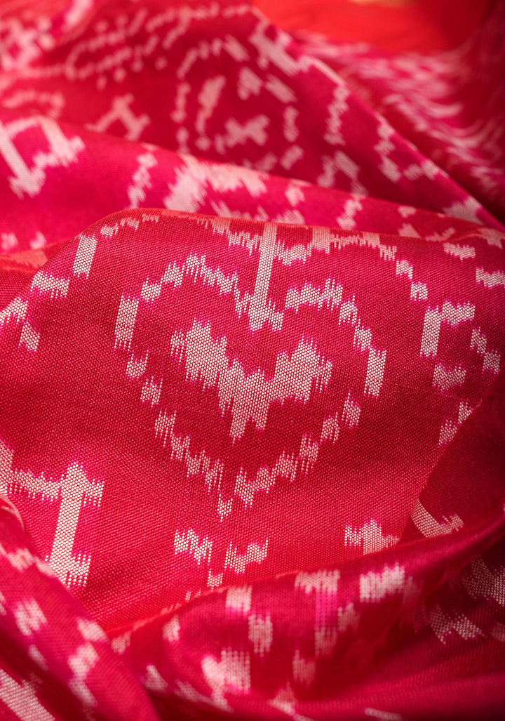 Reddish Pink Ikkat Patola Kanjivaram Fusion Silk Saree with Rettaipet Border |SILK MARK CERTIFIED