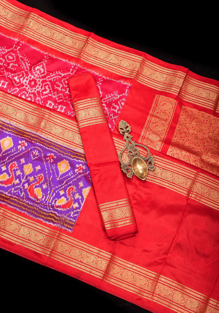 Reddish Pink Ikkat Patola Kanjivaram Fusion Silk Saree with Rettaipet Border |SILK MARK CERTIFIED