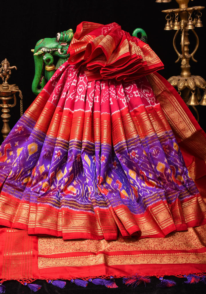 Reddish Pink Ikkat Patola Kanjivaram Fusion Silk Saree with Rettaipet Border |SILK MARK CERTIFIED