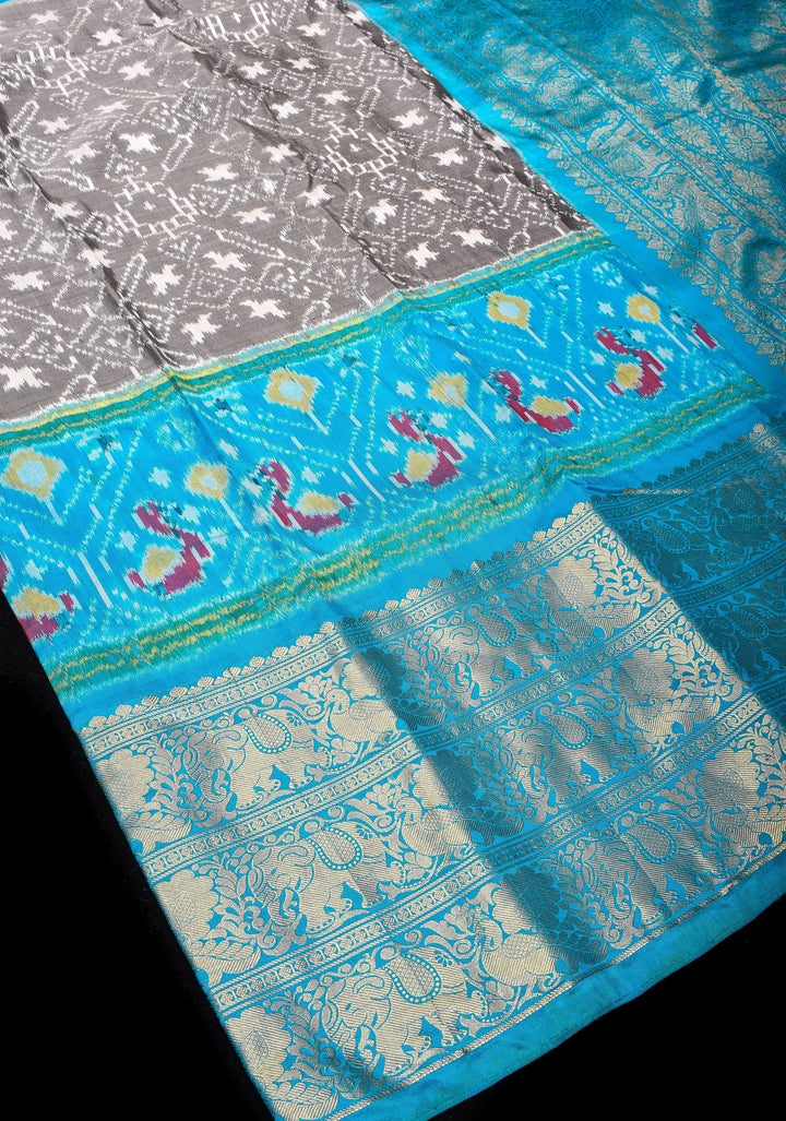Gray Ikkat Patola  Kanjivaram Fusion Silk Saree with wide zari border and contrast Ikkat Panel |SILK MARK CERTIFIED