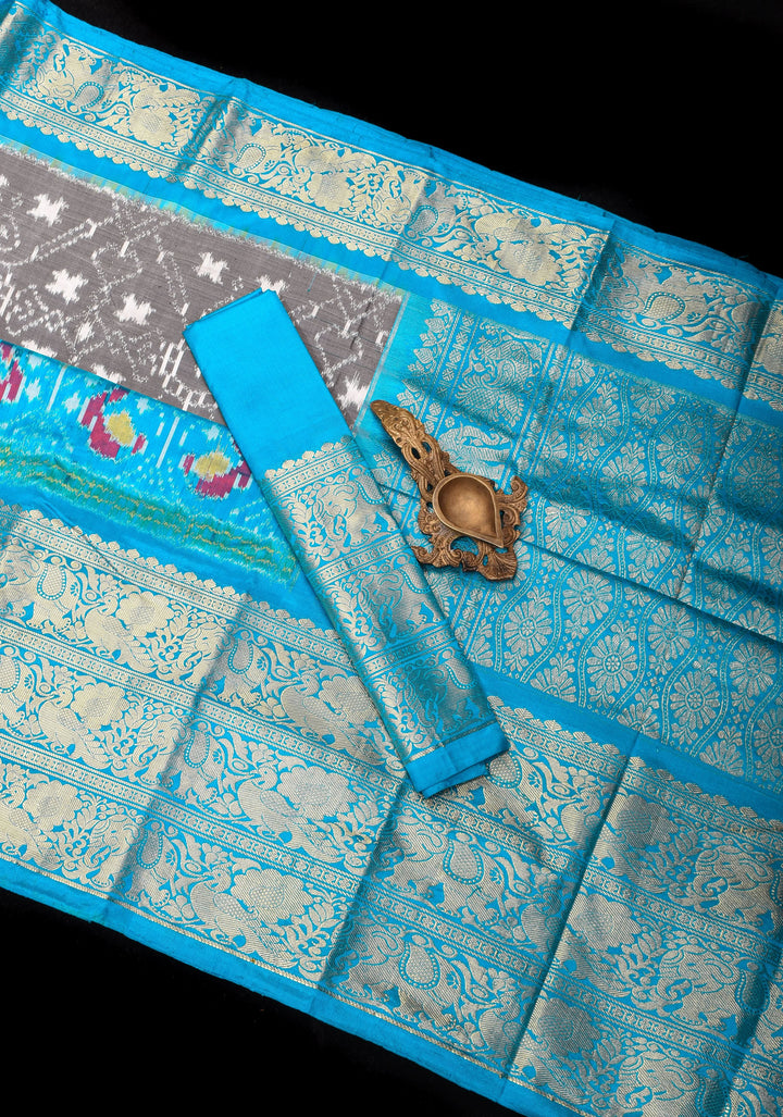 Gray Ikkat Patola  Kanjivaram Fusion Silk Saree with wide zari border and contrast Ikkat Panel |SILK MARK CERTIFIED
