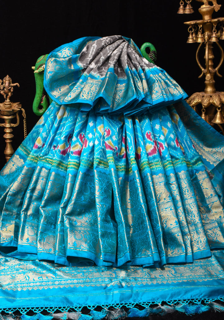 Gray Ikkat Patola  Kanjivaram Fusion Silk Saree with wide zari border and contrast Ikkat Panel |SILK MARK CERTIFIED